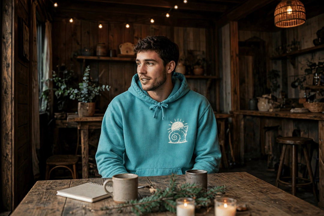 Beach Snail Hoodie — in the Five Tides room, male front