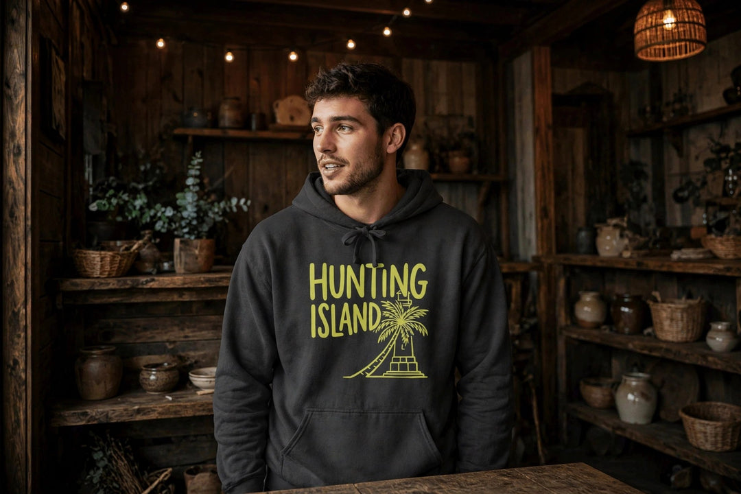 Hunting Island Hoodie — in the Five Tides room, male front