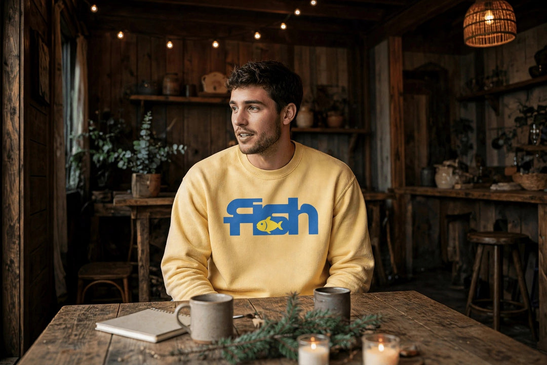 Fish Sweatshirt — in the Five Tides room, male front