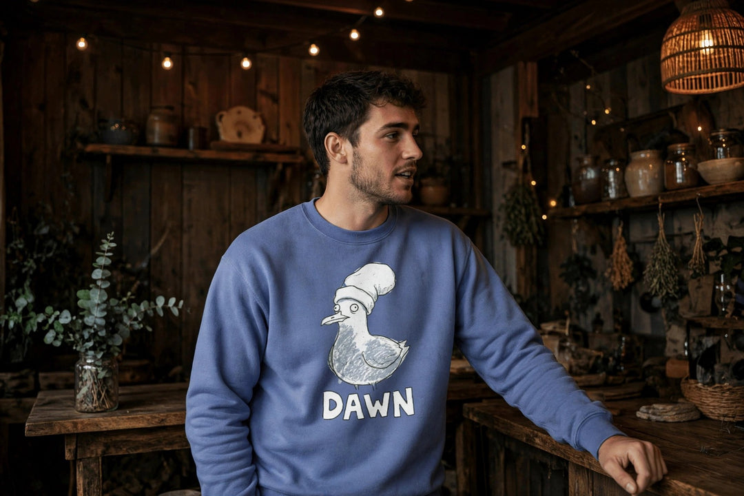 Dawn Sweatshirt — in the Five Tides room, male front