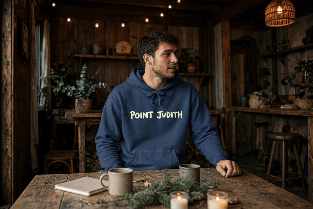 Point Judith Hoodie — in the Five Tides room, male front