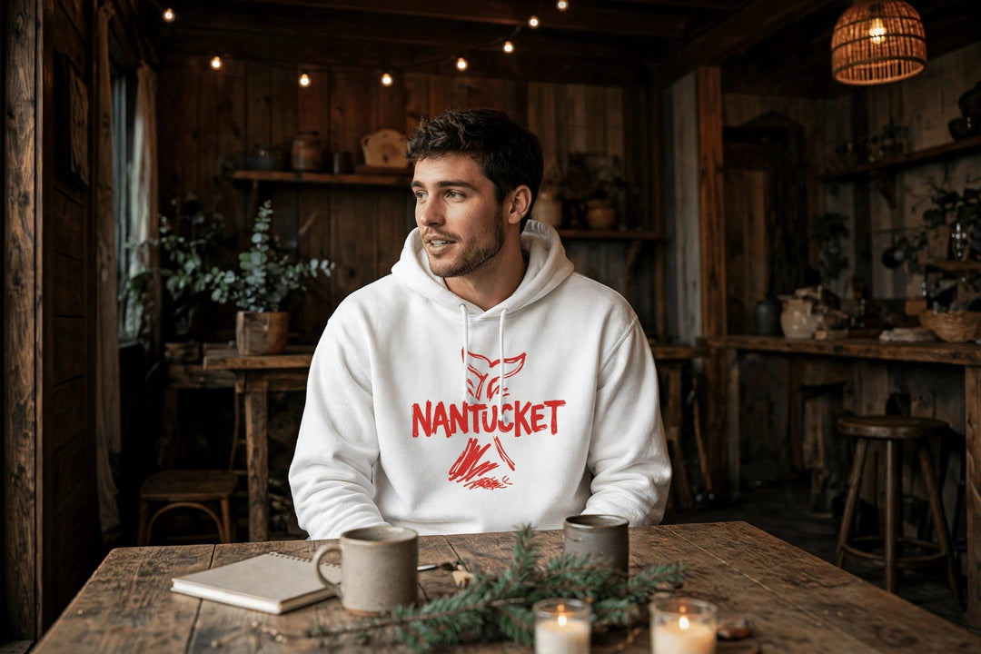Nantucket Whale Tail Hoodie — in the Five Tides room, male front