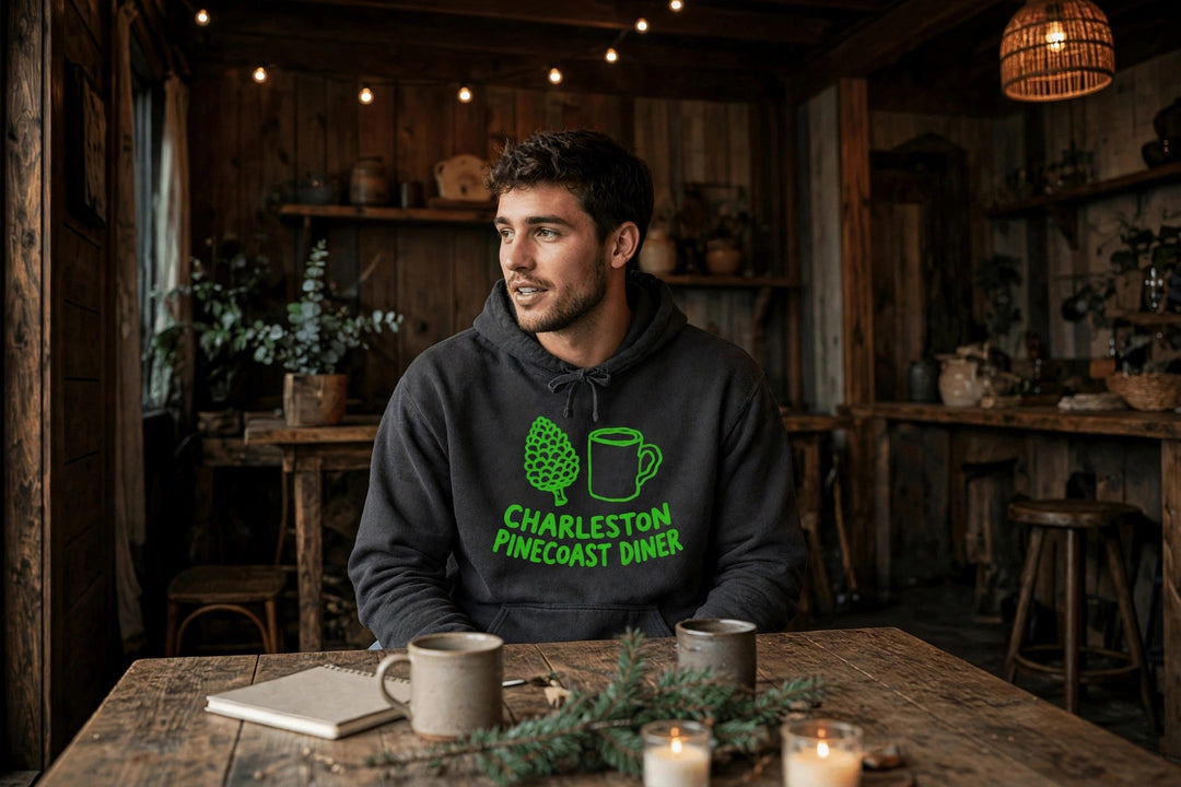 Pinecoast Diner Hoodie — in the Five Tides room, male front