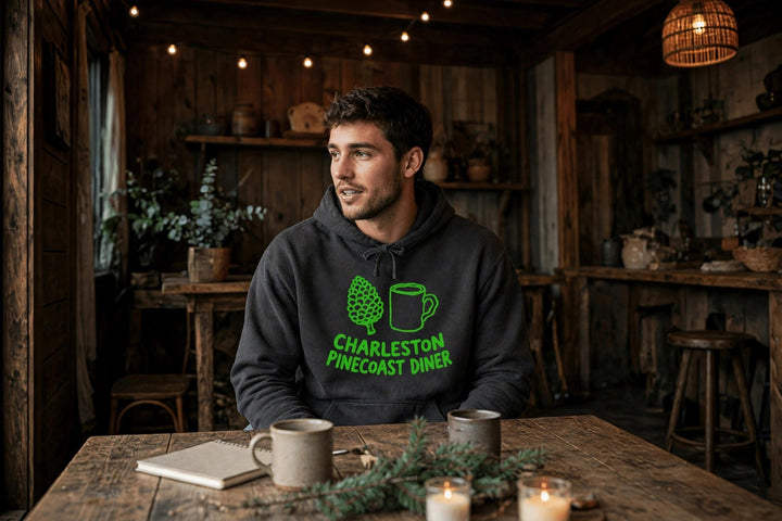 Pinecoast Diner Hoodie — in the Five Tides room, male front