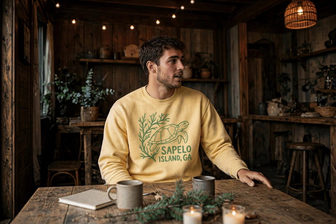 Sapelo Island Sweatshirt — in the Five Tides room, male front