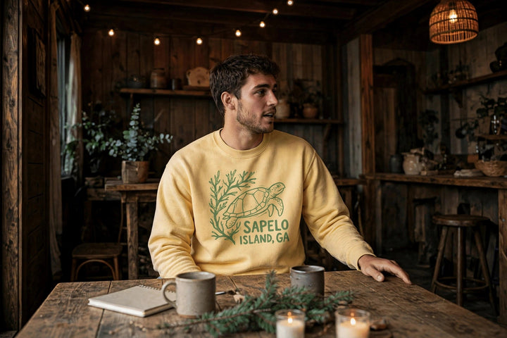 Sapelo Island Sweatshirt — in the Five Tides room, male front