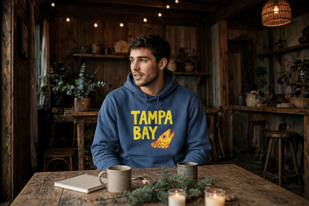 Tampa Bay Fish Hoodie — in the Five Tides room, male front