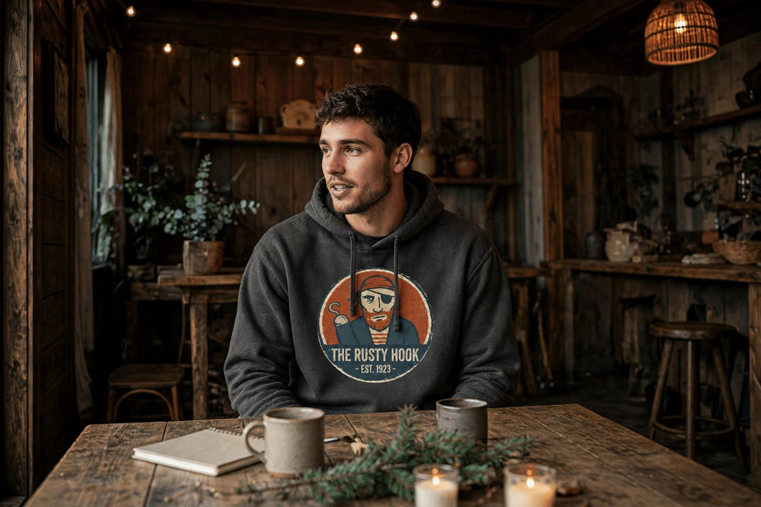The Rusty Hook Hoodie — in the Five Tides room, male front