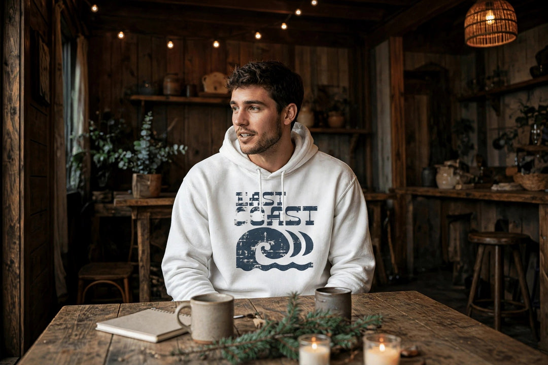 East Coast Waves Hoodie — in the Five Tides room, male front