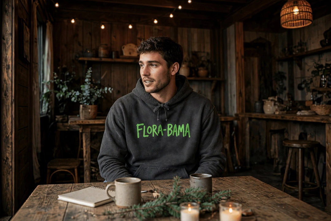 Flora-Bama Cocktail Hoodie — in the Five Tides room, male front