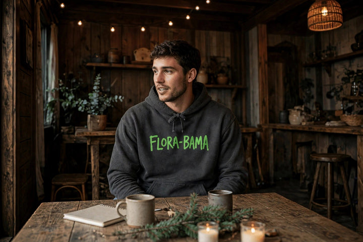 Flora-Bama Cocktail Hoodie — in the Five Tides room, male front