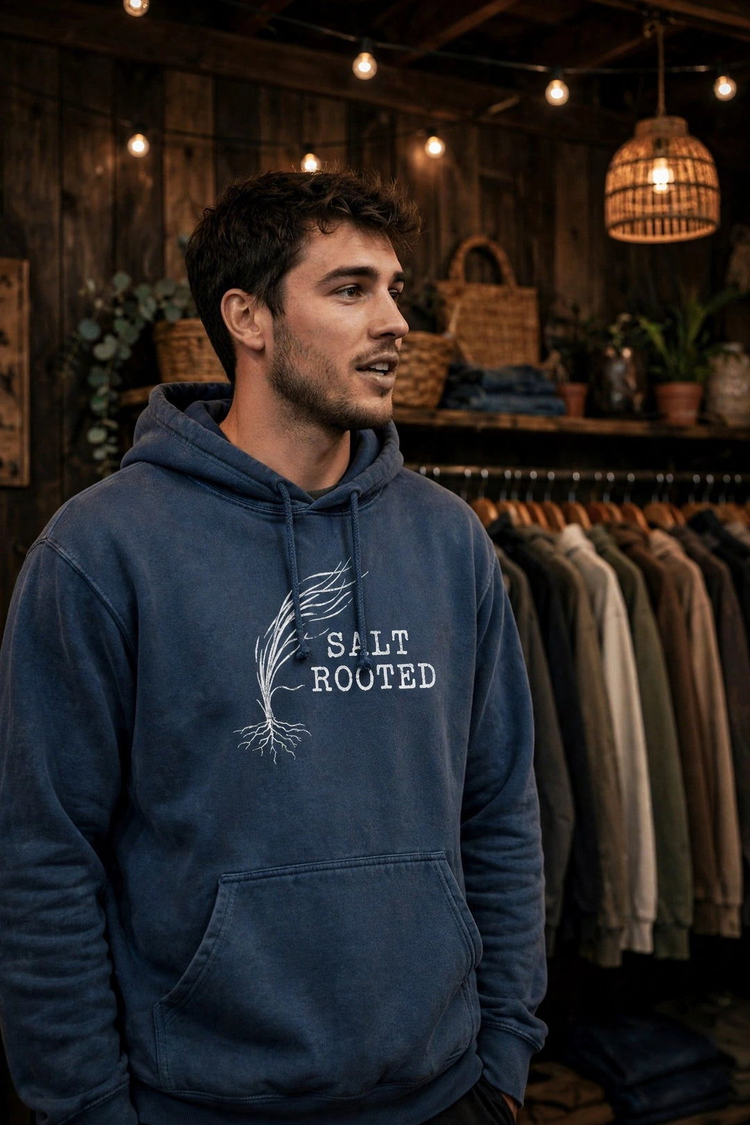 Salt Rooted Wheat Hoodie — in the Five Tides room, male front