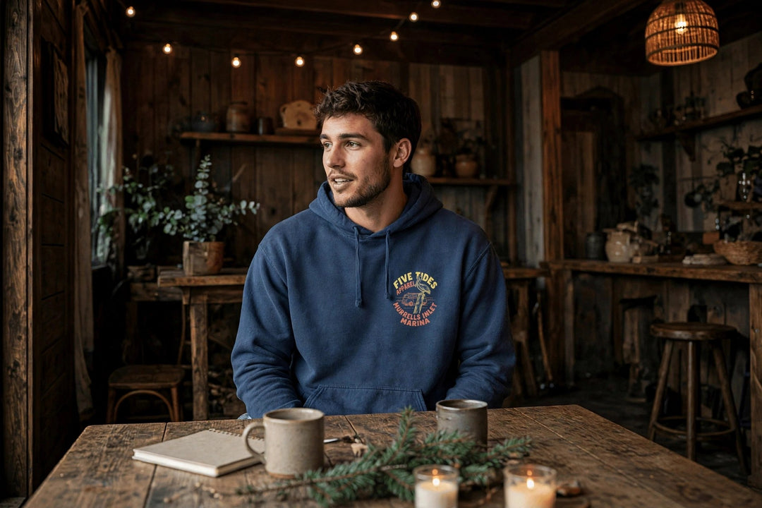 Murrells Inlet Marina Hoodie — in the Five Tides room, male front