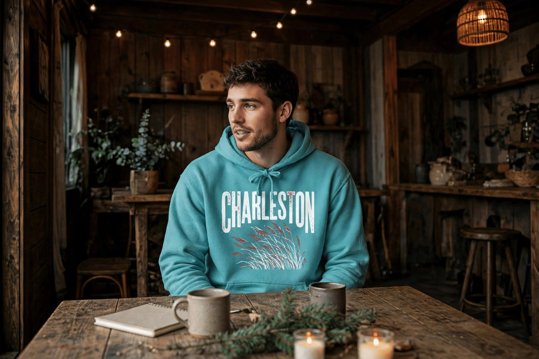 Charleston Sea Oats Hoodie — in the Five Tides room, male front