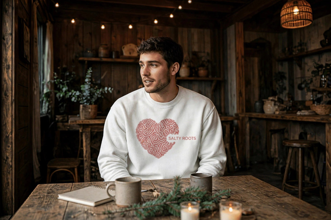 Salty Roots Sweatshirt — in the Five Tides room, male front