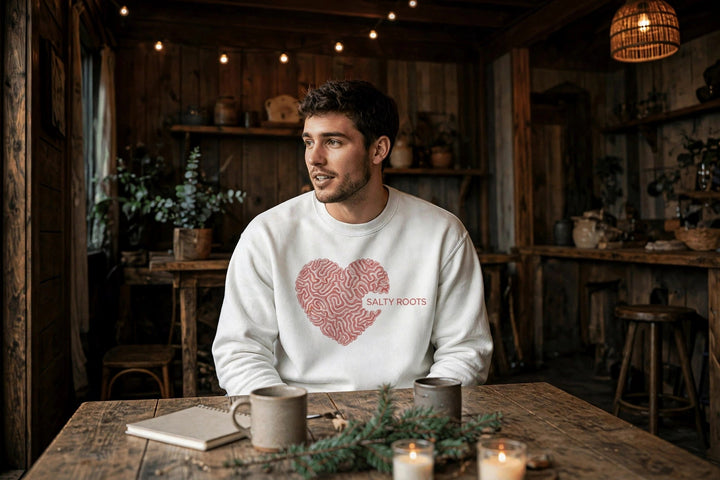 Salty Roots Sweatshirt — in the Five Tides room, male front