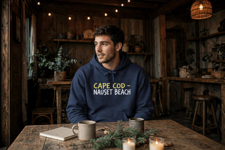Cape Cod Nauset Beach Hoodie — in the Five Tides room, male front