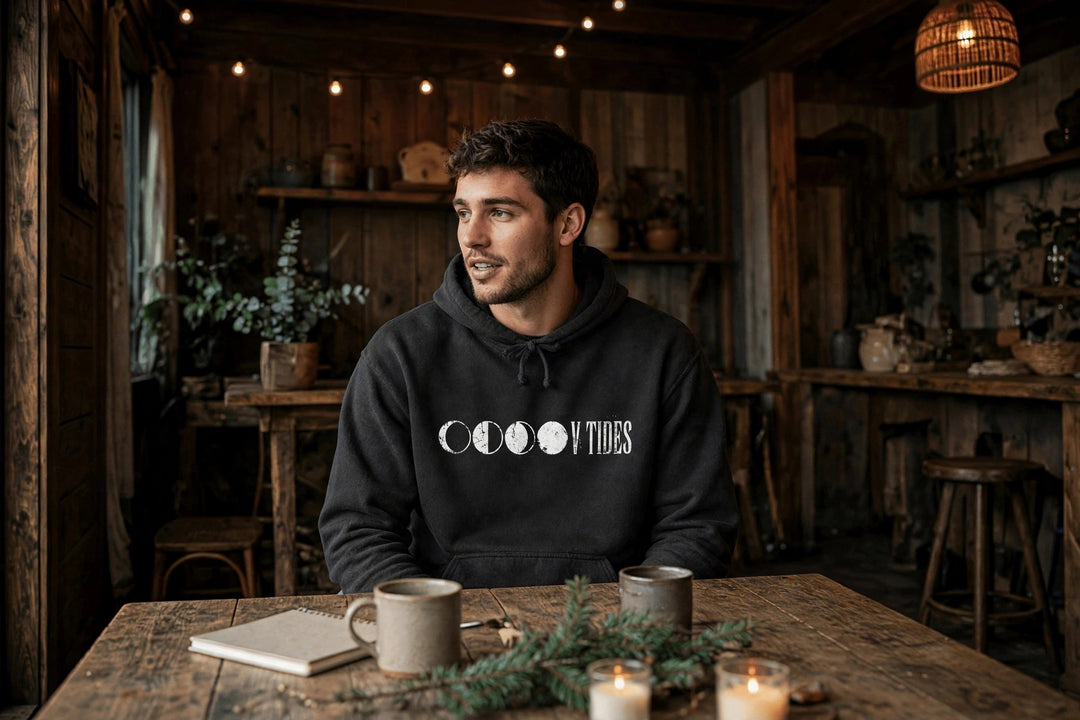 Moon Phases Hoodie — in the Five Tides room, male front