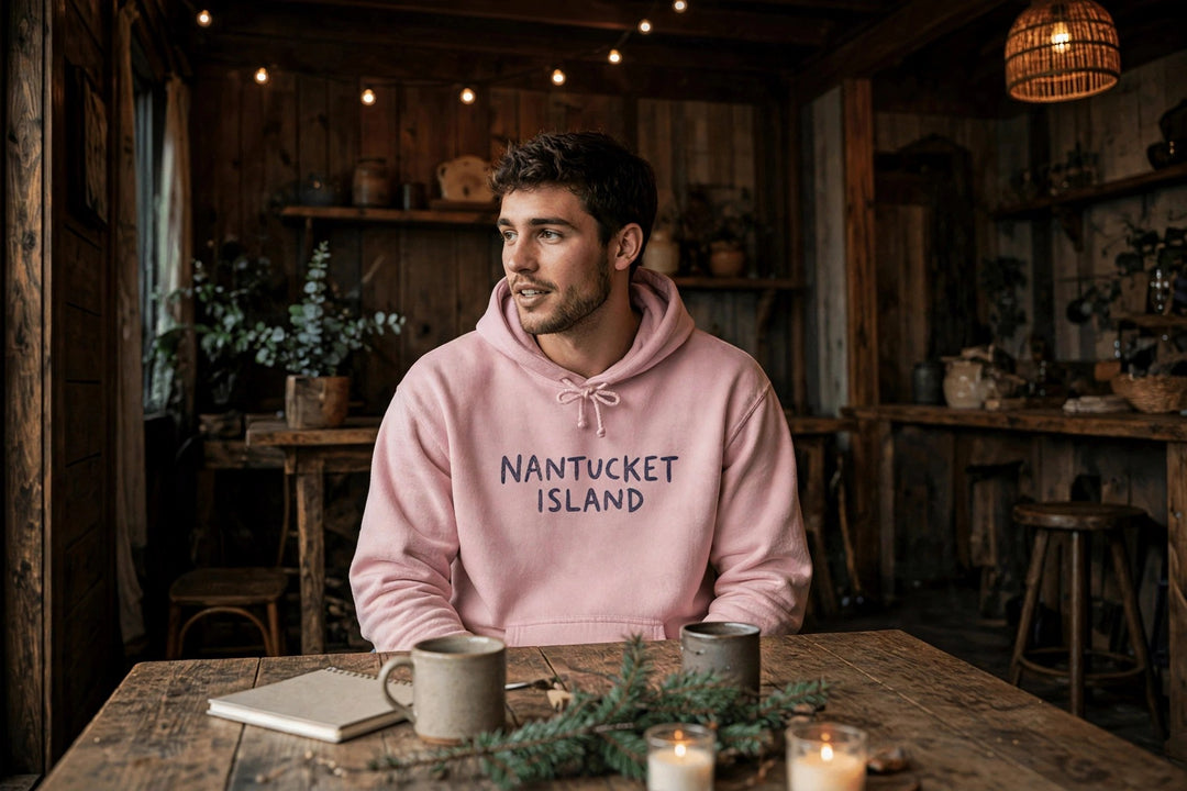 Nantucket Island Shell Hoodie — in the Five Tides room, male front