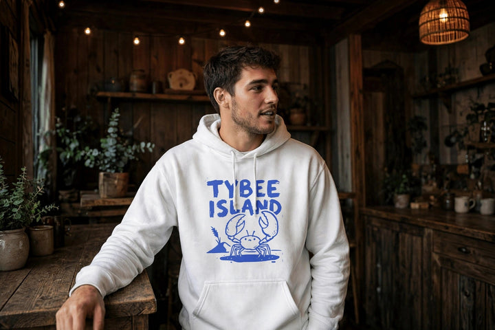 Tybee Island Crab Hoodie — in the Five Tides room, male front