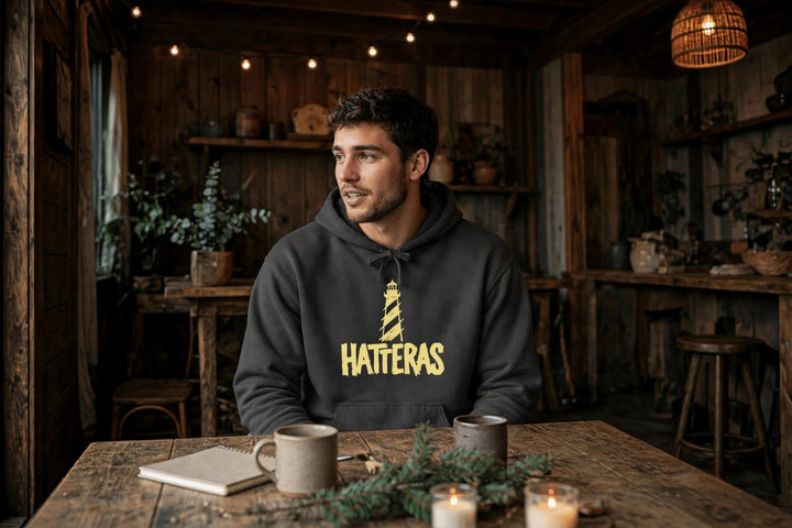 Hatteras Lighthouse Hoodie — in the Five Tides room, male front