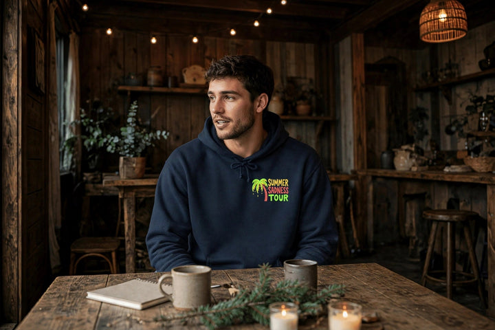 Summer Sadness Tour Hoodie (Whale) — in the Five Tides room, male front