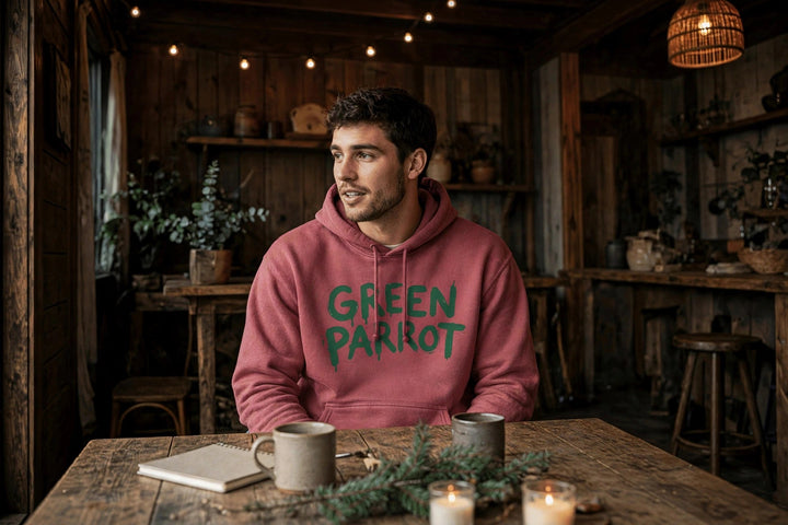 Green Parrot Bar Stool Hoodie — in the Five Tides room, male front