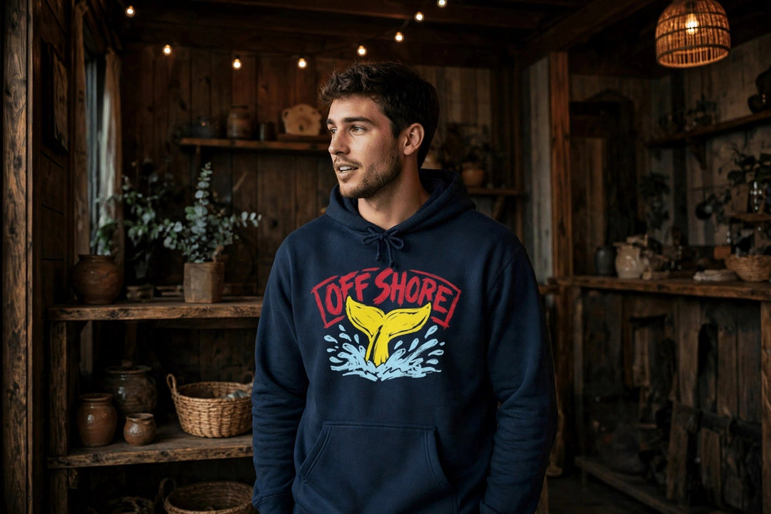 Offshore Whale Tail Hoodie — in the Five Tides room, male front