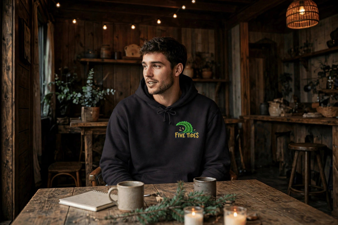 Low Tide Hoodie — in the Five Tides room, male front