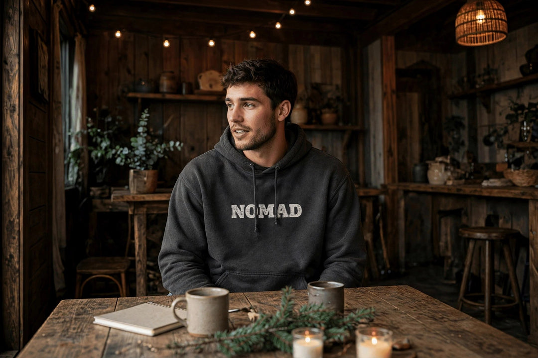 Nomad Windswept Tree Hoodie — in the Five Tides room, male front