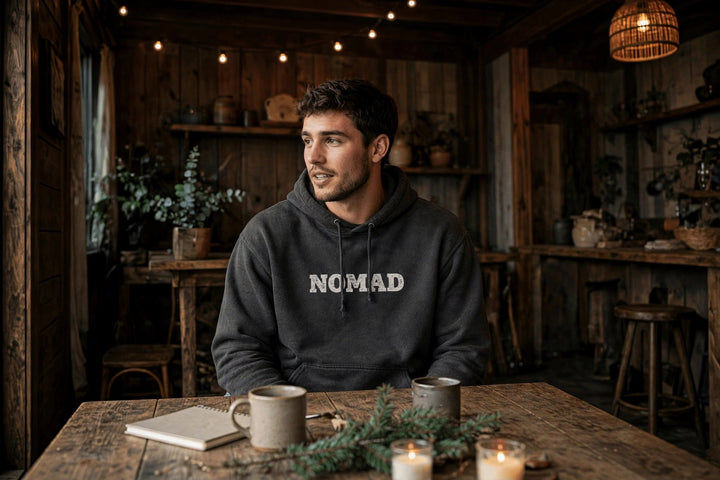 Nomad Windswept Tree Hoodie — in the Five Tides room, male front