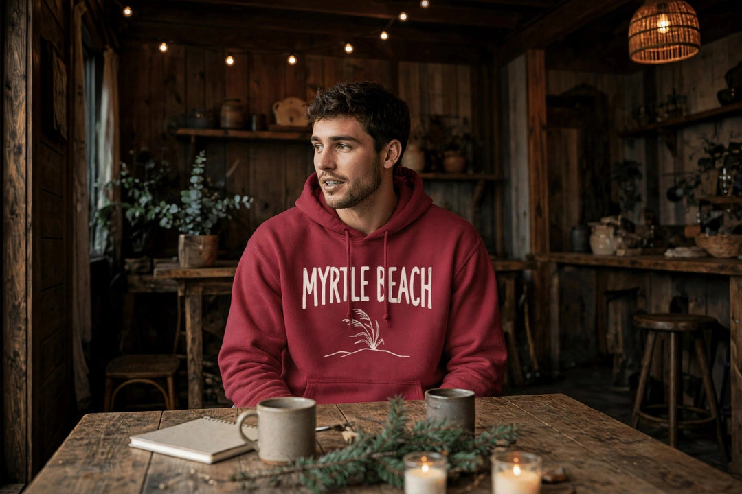 Myrtle Beach Coastal Hoodie — in the Five Tides room, male front