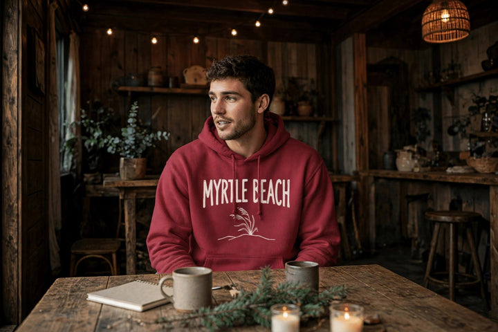 Myrtle Beach Coastal Hoodie — in the Five Tides room, male front