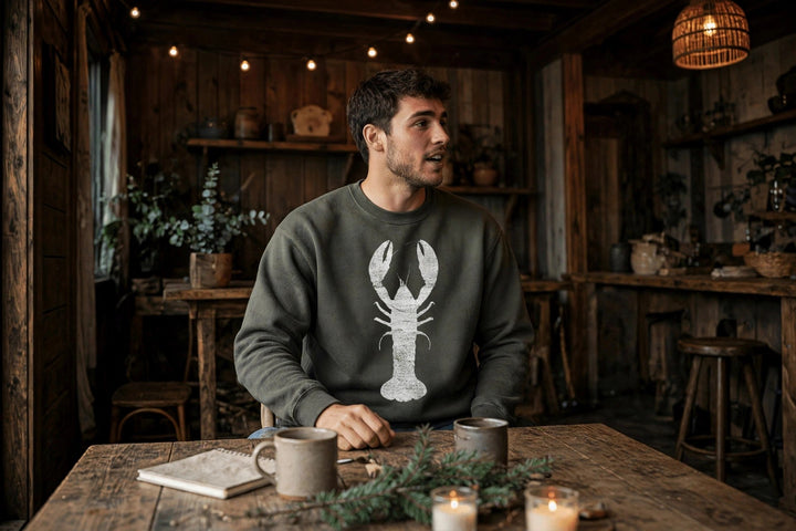 Lobster Sweatshirt — in the Five Tides room, male front