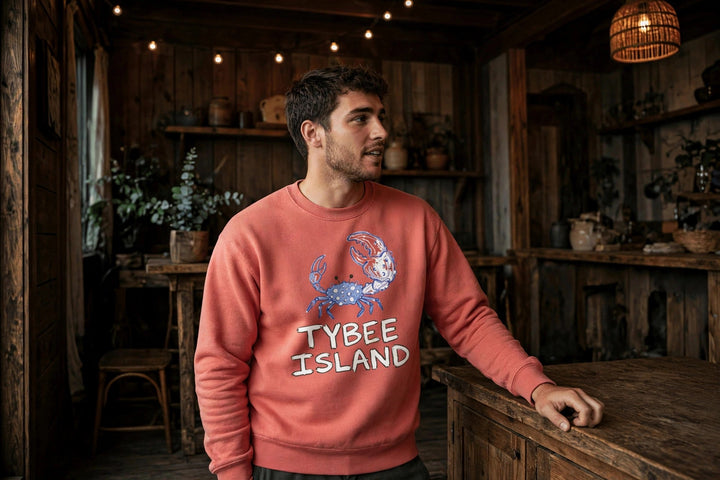 Tybee Island Sweatshirt — in the Five Tides room, male front