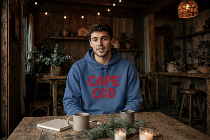 Cape Cod Hoodie — in the Five Tides room, male front
