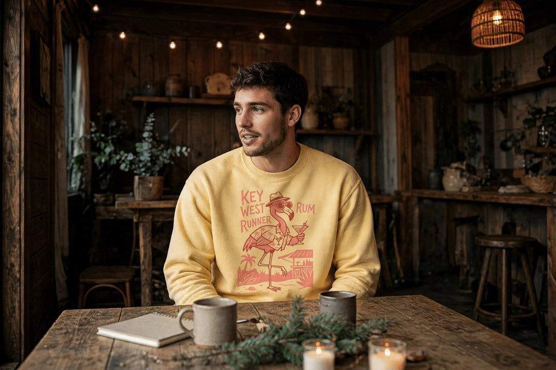 Key West Flamingo Sweatshirt — in the Five Tides room, male front