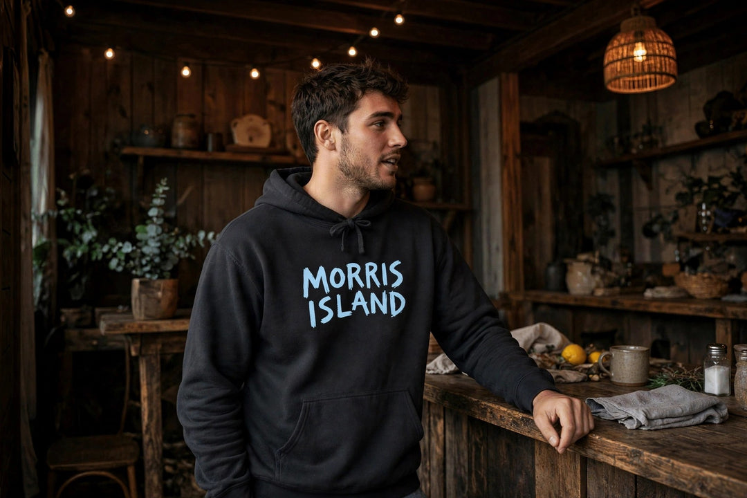 Morris Island Hoodie — in the Five Tides room, male front