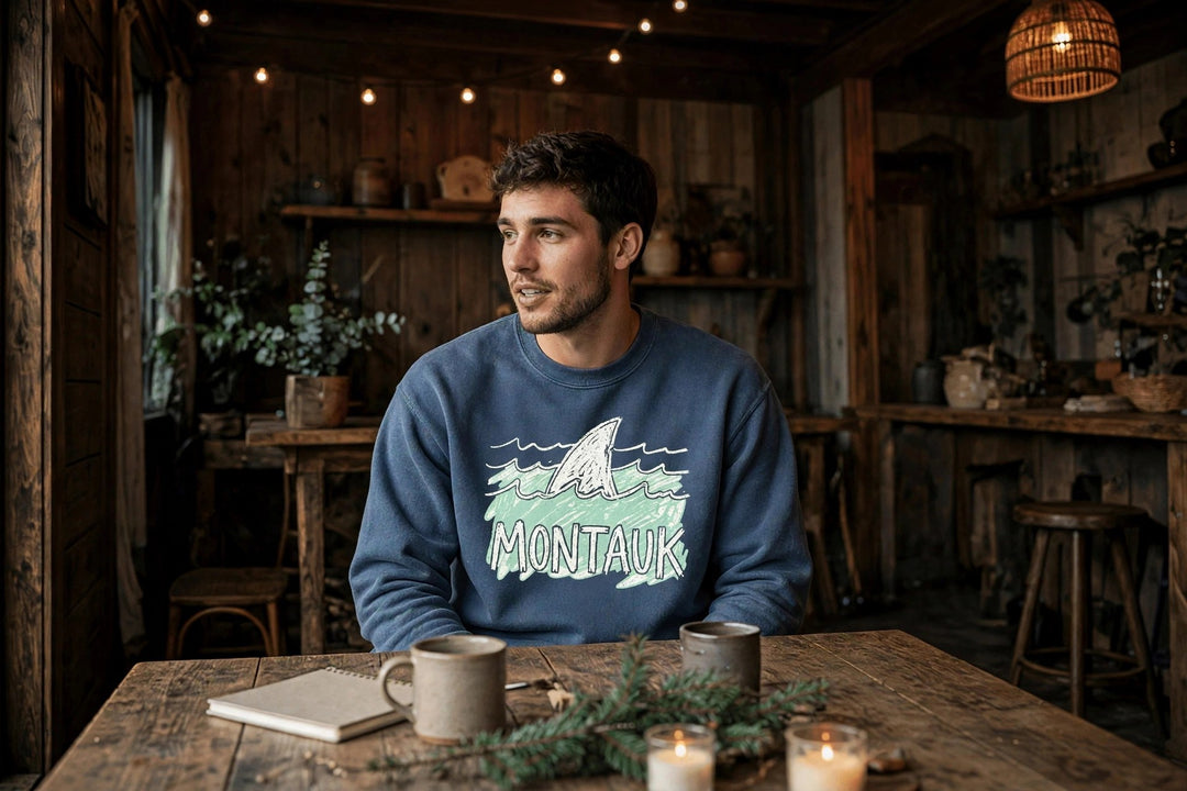 Montauk Sweatshirt — in the Five Tides room, male front