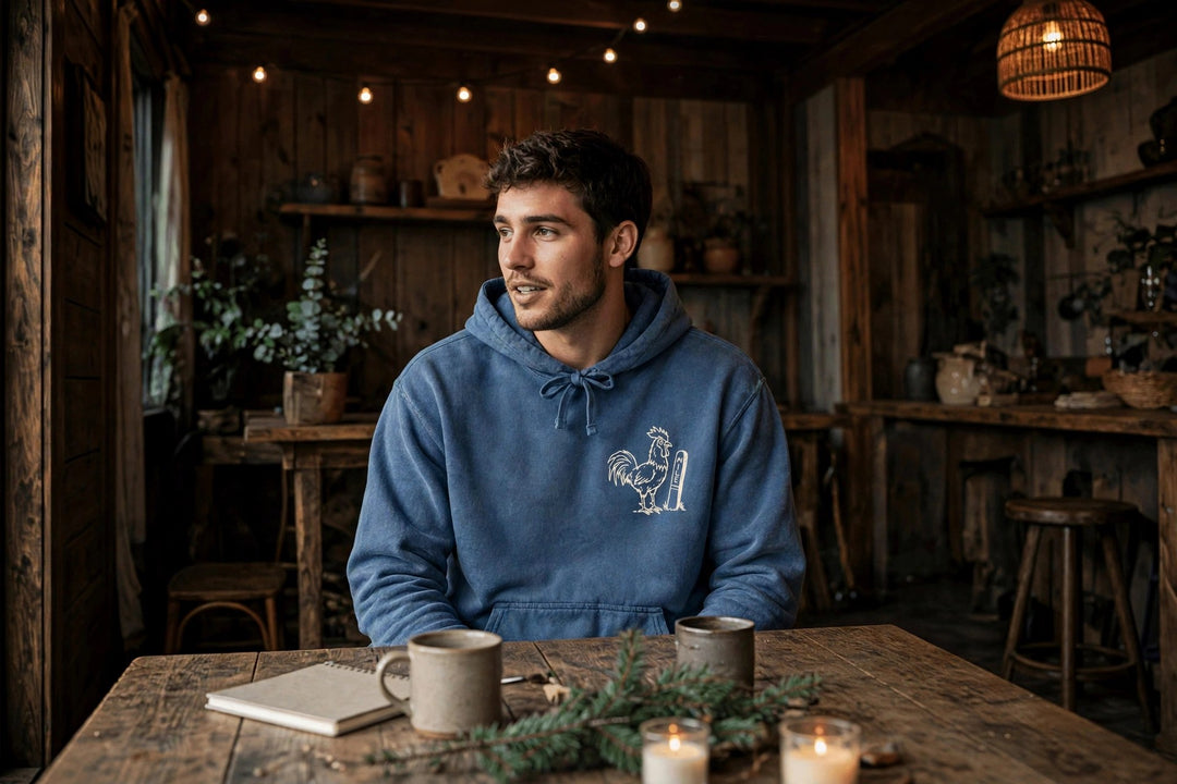Key West Mile Zero Rooster Hoodie — in the Five Tides room, male front