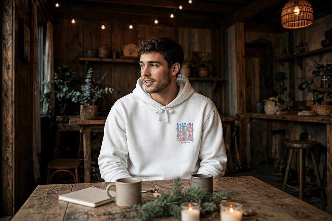 Boston Seaport Fish Market Hoodie — in the Five Tides room, male front