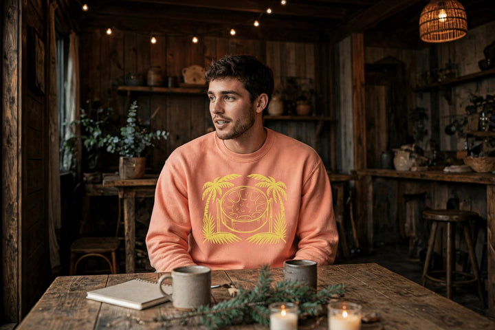 Tropical Donut Sweatshirt — in the Five Tides room, male front