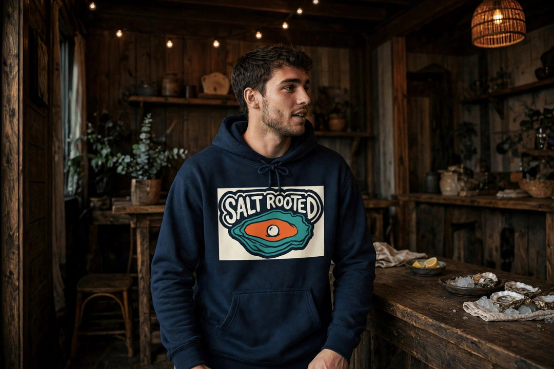Salt Rooted Oyster Hoodie — in the Five Tides room, male front