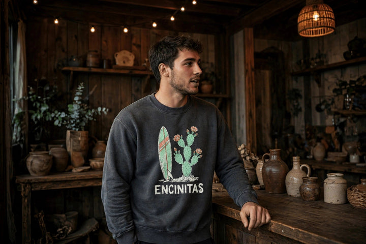 Encinitas Sweatshirt — in the Five Tides room, male front