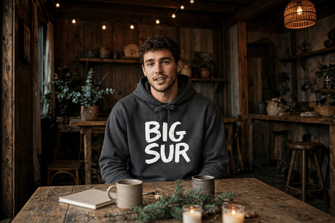 Big Sur Hoodie — in the Five Tides room, male front