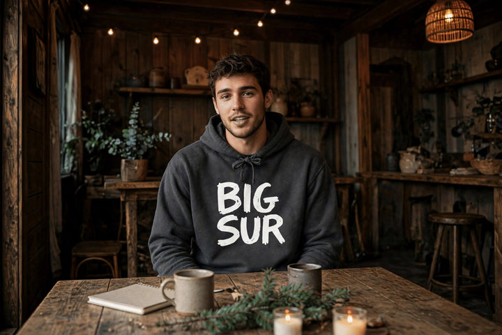 Big Sur Hoodie — in the Five Tides room, male front