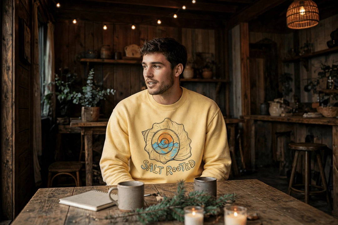 Salt Rooted Conch Shell Sweatshirt — in the Five Tides room, male front