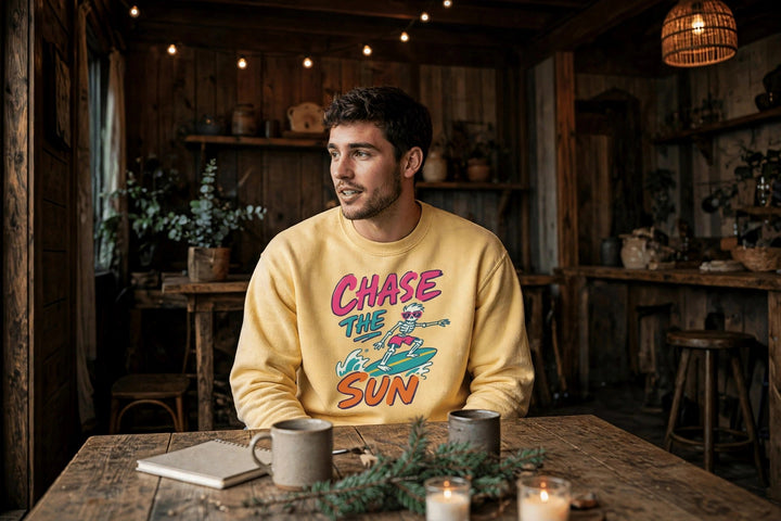 Chase The Sun Sweatshirt — in the Five Tides room, male front