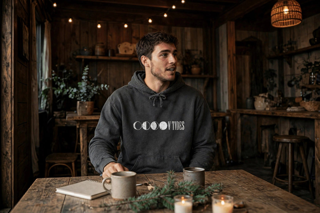 Moon Phases Vibes Hoodie — in the Five Tides room, male front
