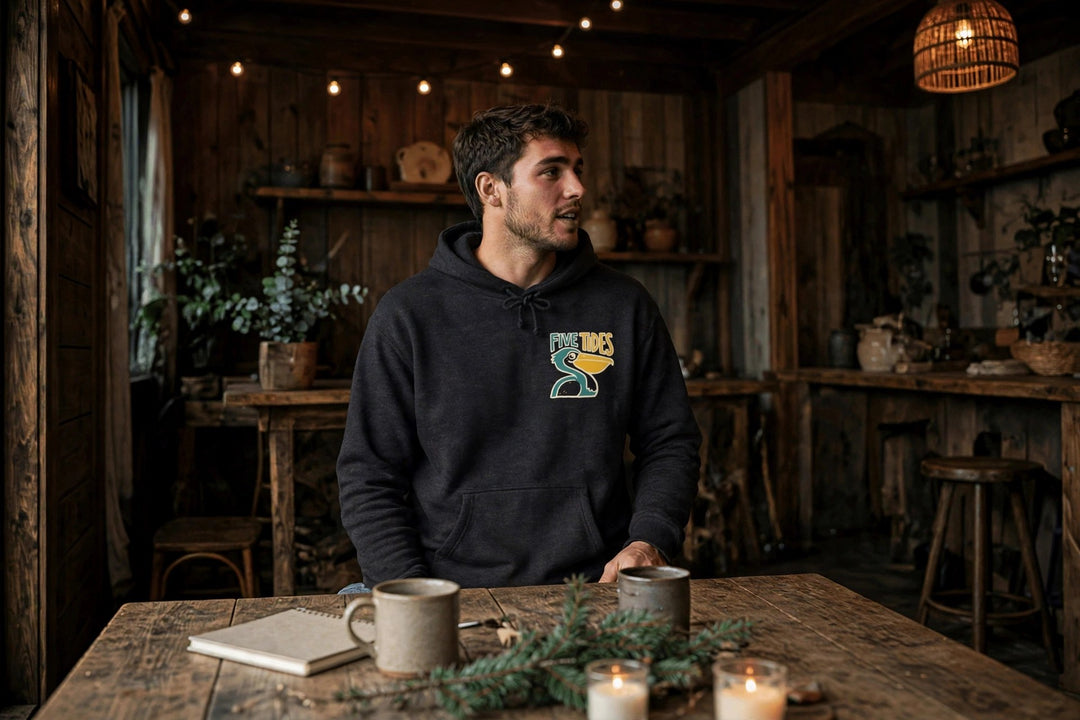 Pelican Coastal Hoodie — in the Five Tides room, male front
